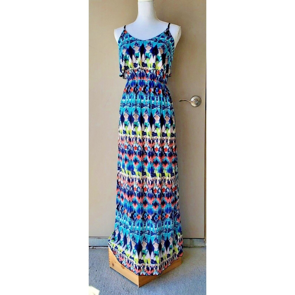 Trixxi Maxi Dress Womens Small Blue Yellow Striped Watercolor Vibrant Resortwear